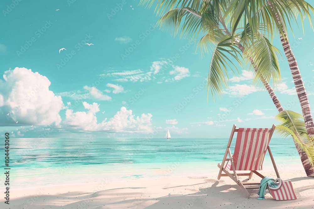 3D animation of Tropical beach with accessories, summer holiday background.