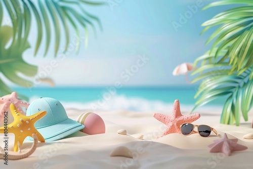 3D animation of Tropical beach with accessories  summer holiday background.