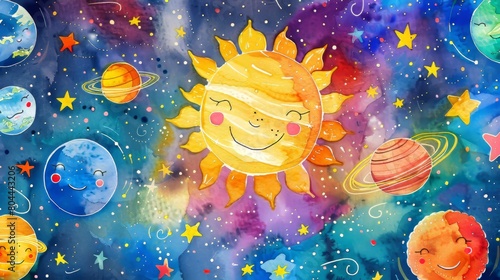 Artistic watercolor depicting friendly planets with smiling faces  orbiting around a vibrant sun  making space approachable and fun for kids