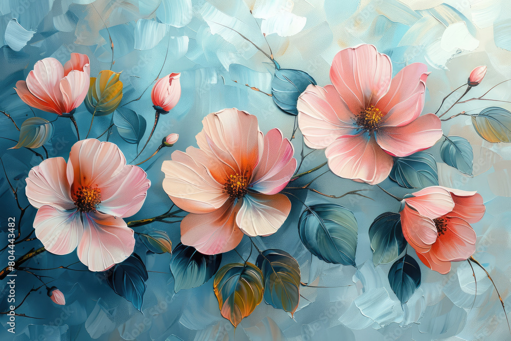 Oil painting of pink flowers on a blue background, in the vintage style. Created with AI