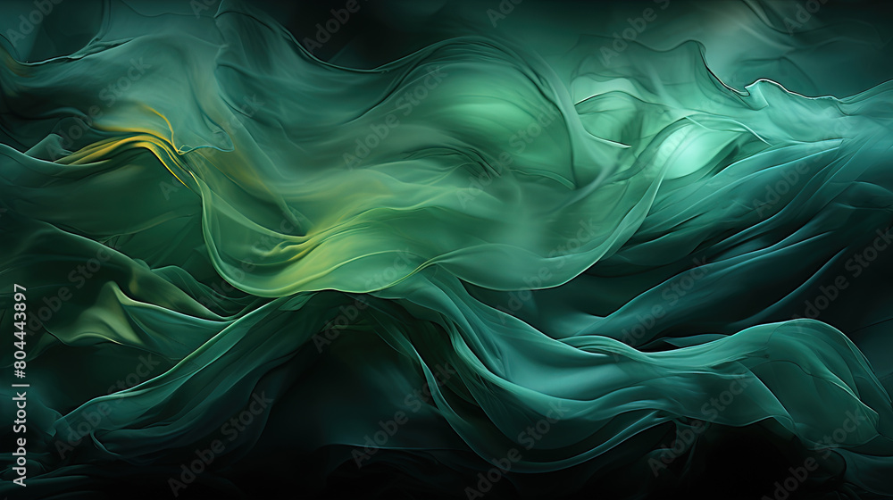 Obraz premium Heavenly Fluttering Green Color Silk Fabric in Space With Delicate Folds on Focus on Foreground