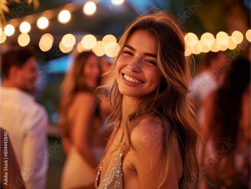 A photo of a beautiful woman at an outdoor party. People are dancing and laughing in the background at night time,Generative AI illustration.