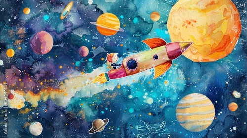 Artistic watercolor scene with a child pilot in a rocket, zooming through a vibrant solar system, planets and meteorites painted in playful hues