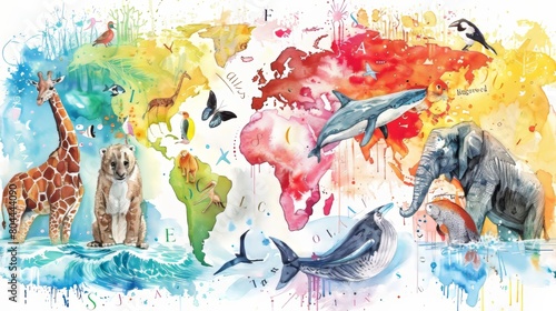 Artistic watercolor showing a colorful alphabet chart with illustrations of animals from around the world next to their corresponding letters photo