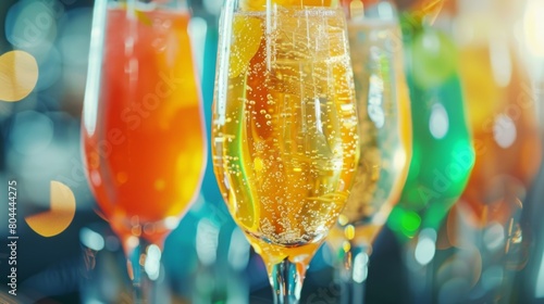 Sparkling glasses filled with vibrant mocktails are lined up on a bar ready to be served.
