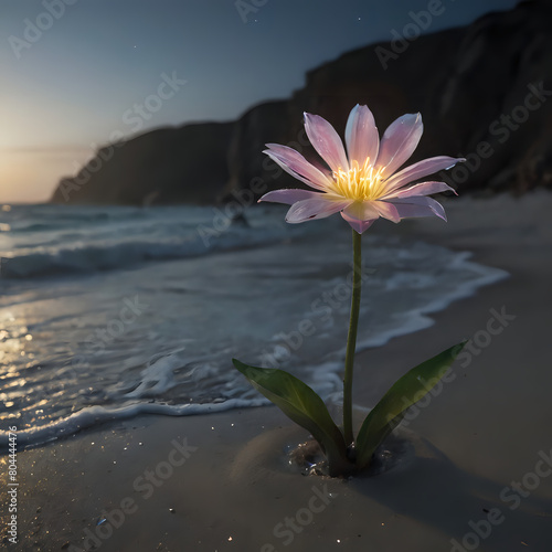 a pink flower that is growing out of the sand