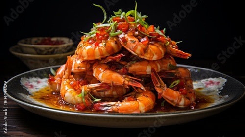 A stack of red chilli prawns on a plate