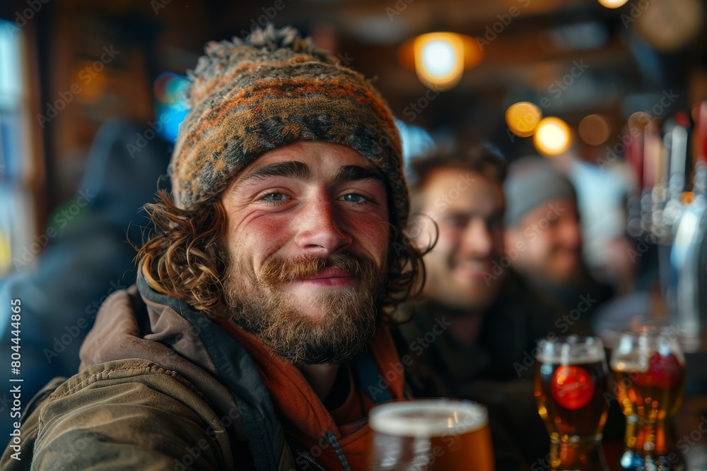 A friendly man wearing a beanie and a beard smiles in a pub with beer glasses and friends A friendly man wearing a beanie and a beard smiles in a pub with beer glasses and friends