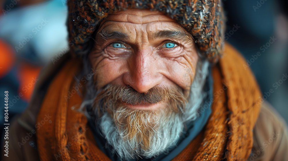 Close-up portrait showcases the cheerful smile of a homeless elderly man, his weathered face and twinkling eyes portraying resilience, wrapped in a cozy hat and coat. Close-up portrait showcases the cheerful smile of a homeless elderly man, his weathered face and twinkling eyes portraying resilience, wrapped in a cozy hat and coat.