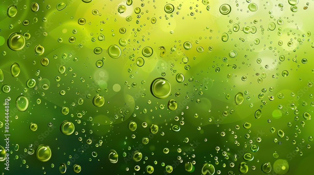 Bright green water drops on gradient background, freshness concept