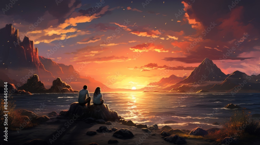 Two people sitting on a beach looking at mountains and a sunset