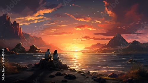 Two people sitting on a beach looking at mountains and a sunset #804445044