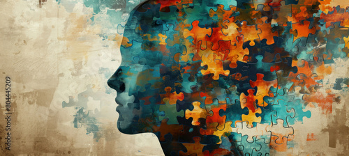 Abstract puzzle pieces forming a woman's head on colorful background Concept of complexity and mystery in human mind