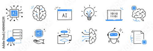 Artificial ai brain icon. Ai machine digital robot hand drawn doodle line icon. Artificial brain algorithm machine science concept. Hand drawn sketch style cute blue line. Vector illustration