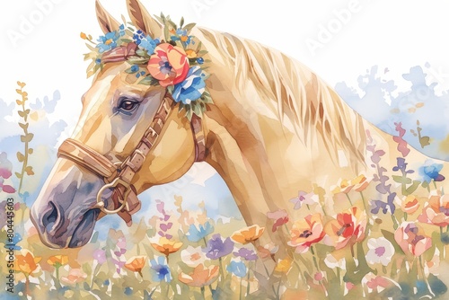 Beautiful brown horse head with colorful flowers on a white background