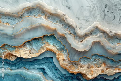 Top down close up of stunning intricate blue and gold marble geode wall art. Created with Ai