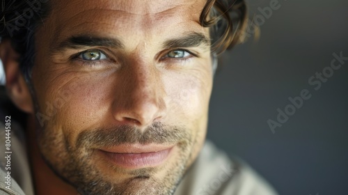 A closeup of a man with a subtle smirk highlighting the softness in his features and capturing his quiet confidence.