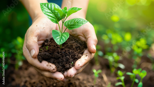 Hands gently holding a young plant with soil on a green background