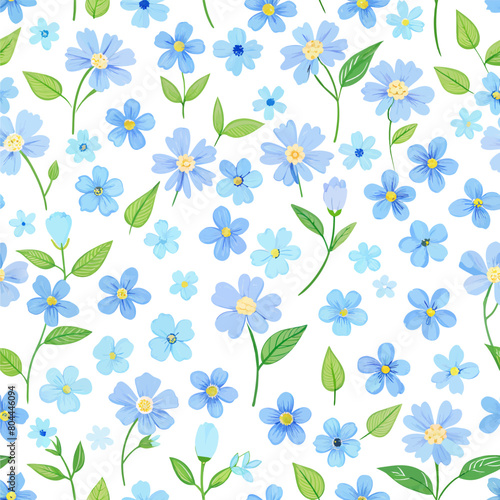 blue spring flowers and leaves pastel seamless pattern background