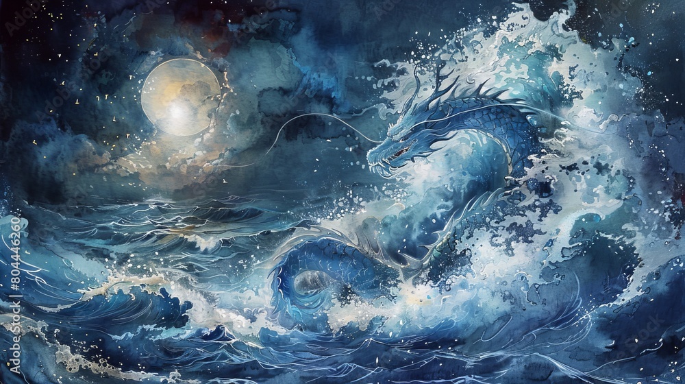 Dynamic watercolor scene of a sea dragon emerging from ocean waves, the ...