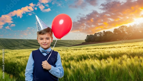 Niño felic con globo. Cumpleaños photo