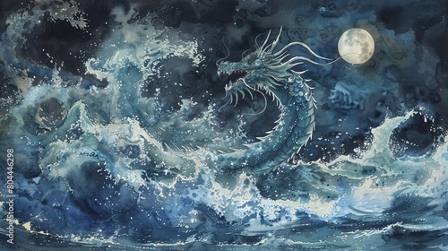 Dynamic watercolor scene of a sea dragon emerging from ocean waves, the splash of water and scales glistening under the moonlight creating a captivating view