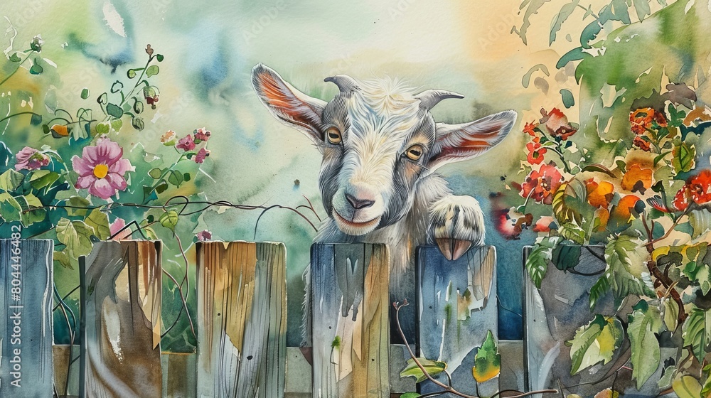 Charming watercolor of a curious goat peeking over a fence, surrounded by lush greenery and bright flowers, adding a touch of whimsy