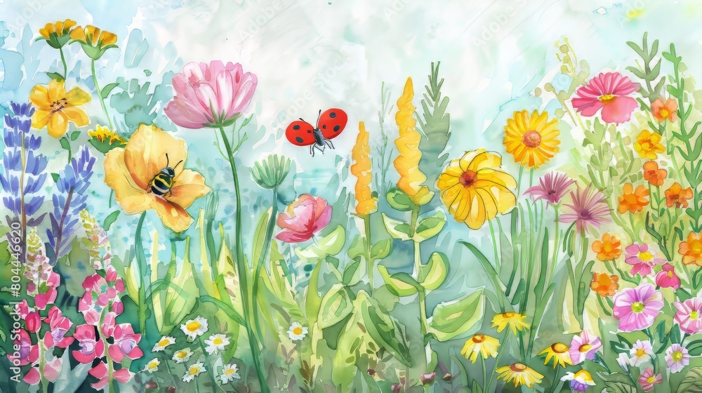 Charming watercolor of a garden scene where each flower and bug is labeled with its name, encouraging early reading skills