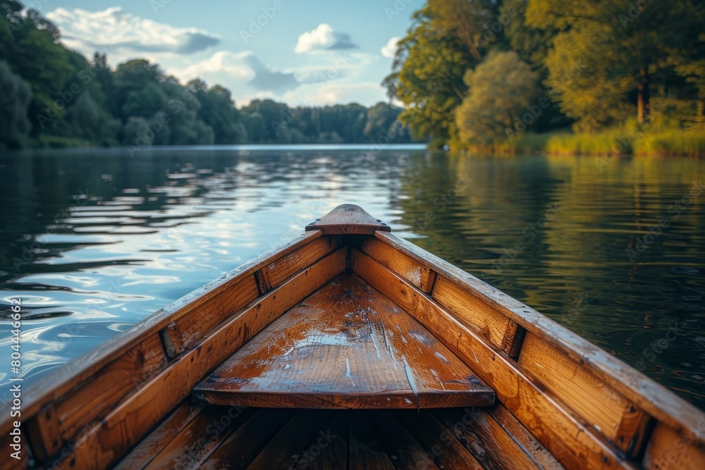 The front of an elegant wooden canoe calmly cuts through the still water of a beautiful serene lake bordered by lush landscapes The front of an elegant wooden canoe calmly cuts through the still water of a beautiful serene lake bordered by lush landscapes