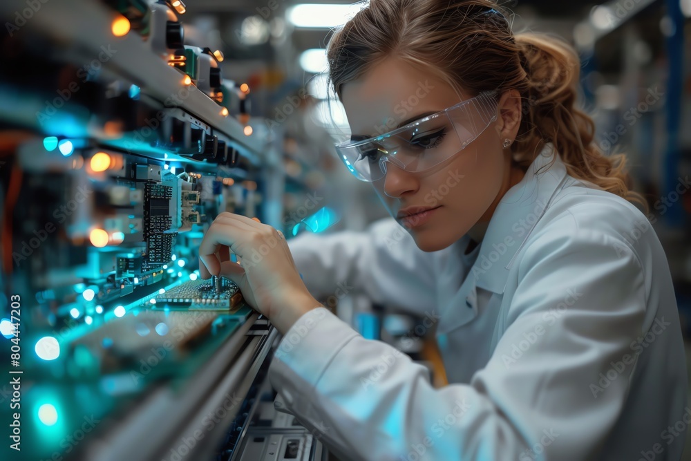 a bustling electronics assembly line with engineers inspecting intricate components, soft natural lighting, sharp focus, modern industrial setting a bustling electronics assembly line with engineers inspecting intricate components, soft natural lighting, sharp focus, modern industrial setting