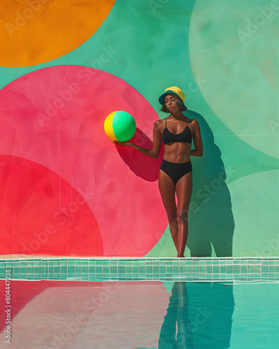 Summer elegance, a minimalistic fashion posing. Stylish woman in a chic black swimsuit elegantly poses by the pool, holding a colorful beach ball. 