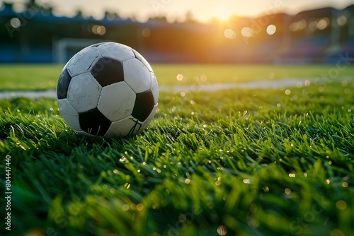 A vibrant image capturing a close-up of a black and white soccer ball resting on a lush green field, illuminated by the warm rays of the sun setting in the background. 