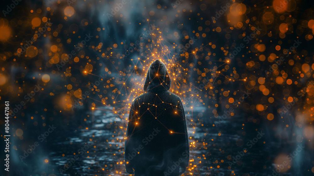 Anonymous hacker with a glowing data background Anonymous hacker with a glowing data background
