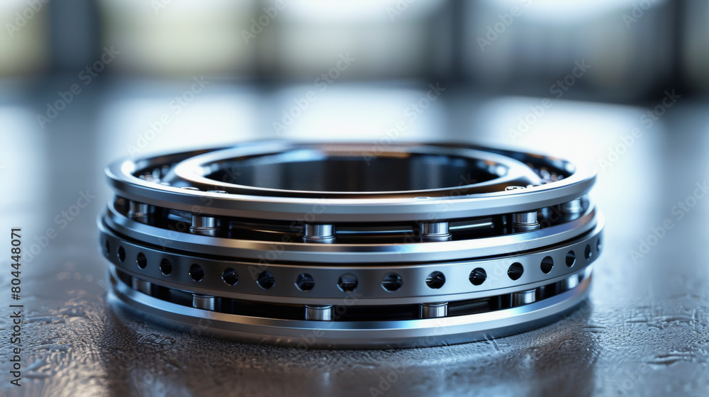 A highprecision ball bearing with multiple rows of balls, showcased on a reflective surface