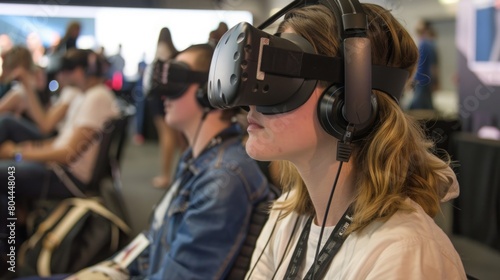 Several individuals gathered indoors, wearing virtual reality headsets, engaged in interactive experiences.