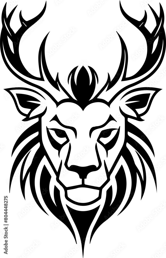 Detailed Black and White Lion Head with Deer Horn Vector Design Detailed Black and White Lion Head with Deer Horn Vector Design