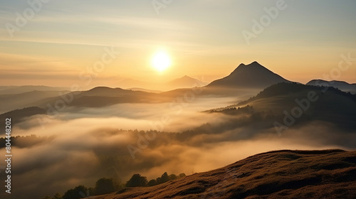 Sunrise in the mountains. Foggy landscape.