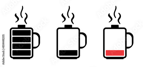 Hot coffee charge, loading indicator. Mug with battery charge. Coffee a clock or tea time. Beverage logo. Work, Life balance concept for full energy. I need coffee. Low battery © MarkRademaker