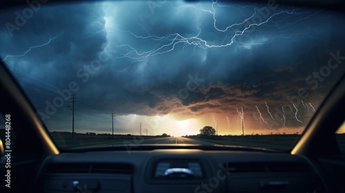 View from a car outside bright lightning strike in a thunderstorm at night.