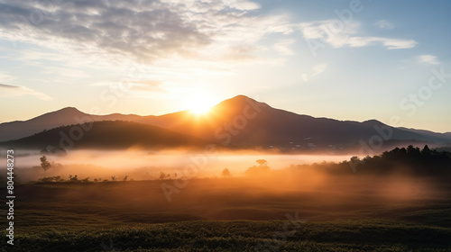 Sunrise in the mountains. Foggy landscape.