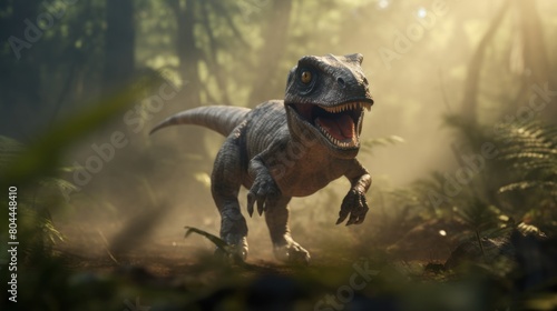 Cute baby dinosaur in prehistoric forest. Photorealistic. photo