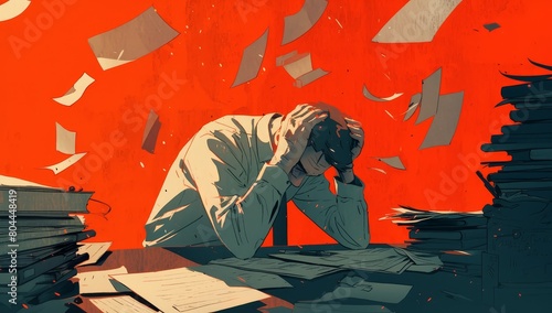 An illustration of an office worker with his head in hands, looking distressed at work and surrounded by open books on the desk.  photo