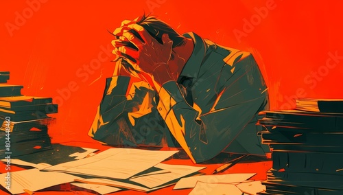 An illustration of an office worker with his head in hands, looking distressed at work and surrounded by open books on the desk.  photo