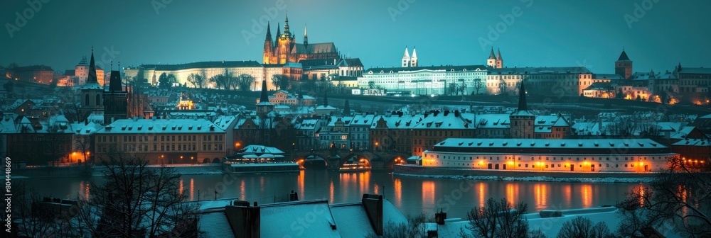 Fototapeta premium Beautiful historical buildings in winter with snow and fog in Prague city in Czech Republic in Europe.