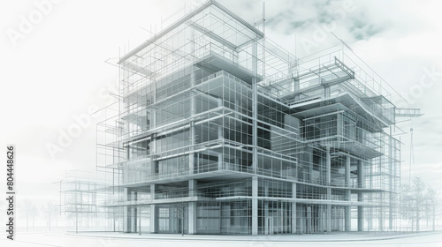 An architectural rendering of a modern multi-story building framework with scaffolding, depicted in a monochrome, sketch-like style against a plain background.