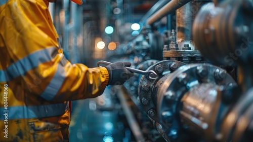 Engineer adjusting large industrial valves with a wrench in an oil refinery