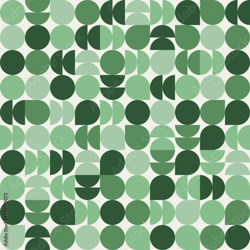 Abstract geometric pattern background. Green circle and semicircle repeat on white. Modern cover template. Vector illustration.