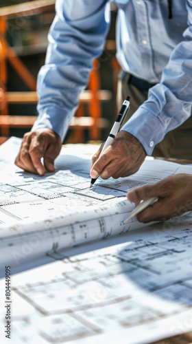 A person in a business shirt reviews architectural blueprints, marking them with a pen, suggesting an engineering or construction planning activity in an office setting.