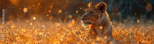 Lioness in golden grass, sunrise glow, serene gaze, warm light highlighting fur, magical bokeh background #804449245