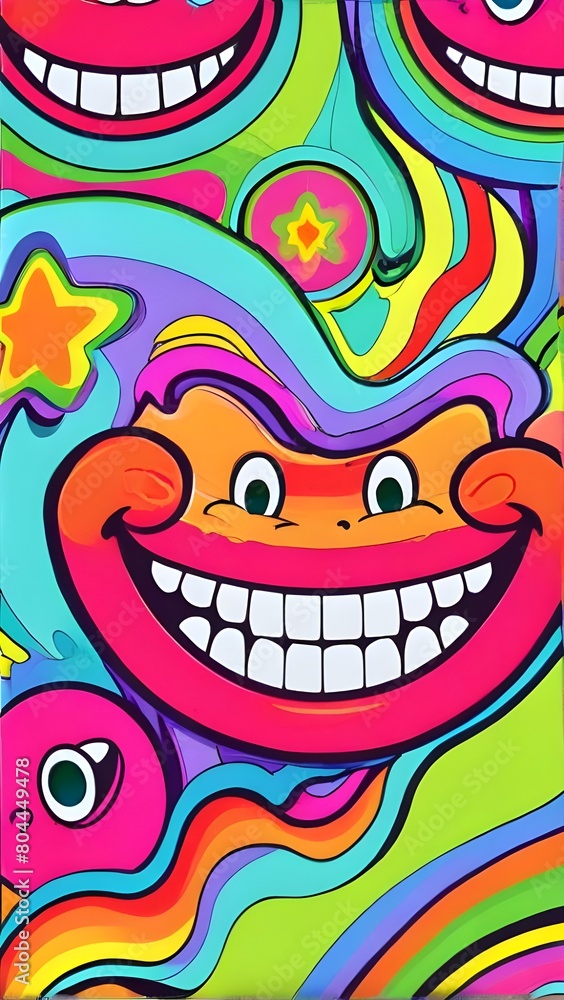 Experience the whimsical fun of vibrant psychedelic patterns with colorful cartoon faces melting with smiles. This retro style design exudes fun charm with its unique design. Generative AI Experience the whimsical fun of vibrant psychedelic patterns with colorful cartoon faces melting with smiles. This retro style design exudes fun charm with its unique design. Generative AI